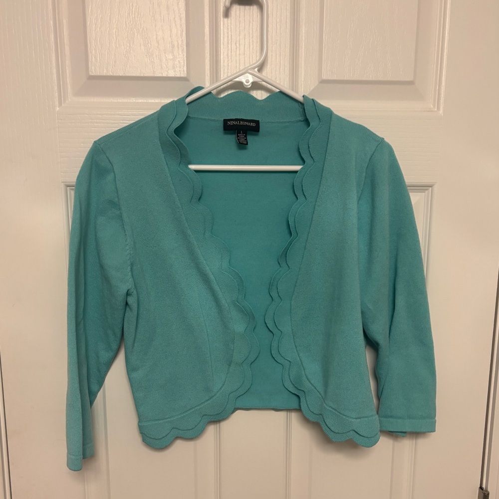 Nina Leonard Women's Teal Scalloped Cardigan. Large